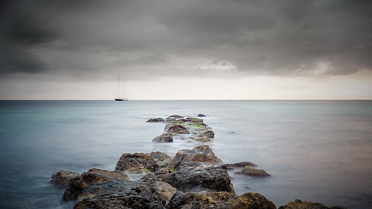 nature, sea, water, boat, sailing ship, rock, long exposure, HD wallpaper