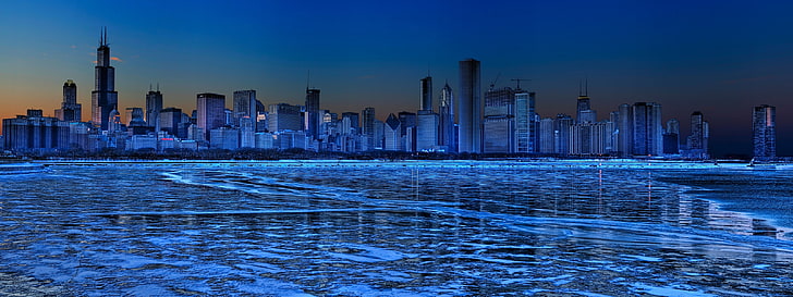 city buildings, blue, Winter, Ice, Skyscrapers, panorama, cityscape