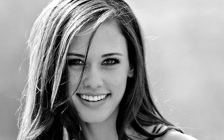 looking at viewer, women, face, brunette, smiling, hair in face