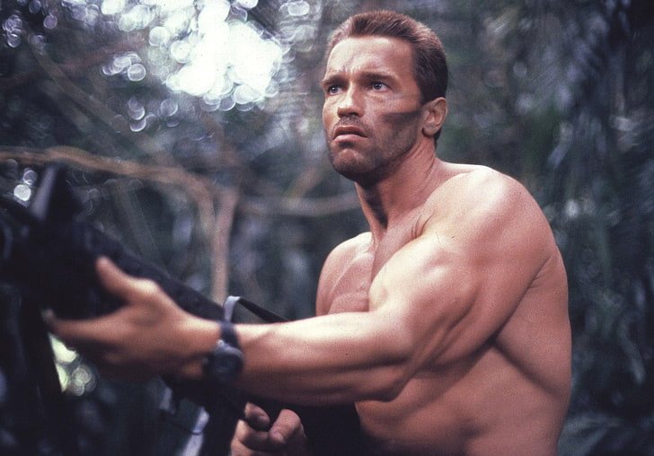 Predator, Arnold Schwarzenegger, shirtless, one person, tree