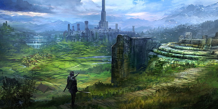 gray temple game application screenshot, man standing near grass, HD wallpaper