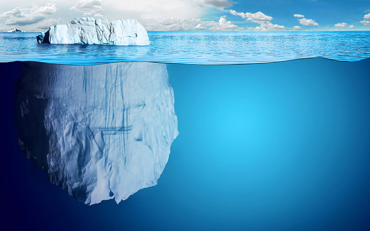 iceberg on body of water, sea, split view, digital art, underwater