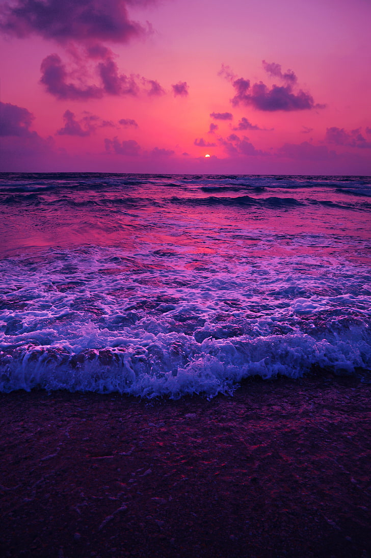 photo of sunset, sea, horizon, surf, foam, water, sky, wave, beach