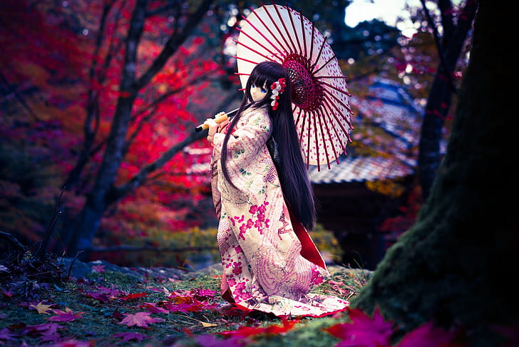 umbrella, hair, Japanese, doll, kimono