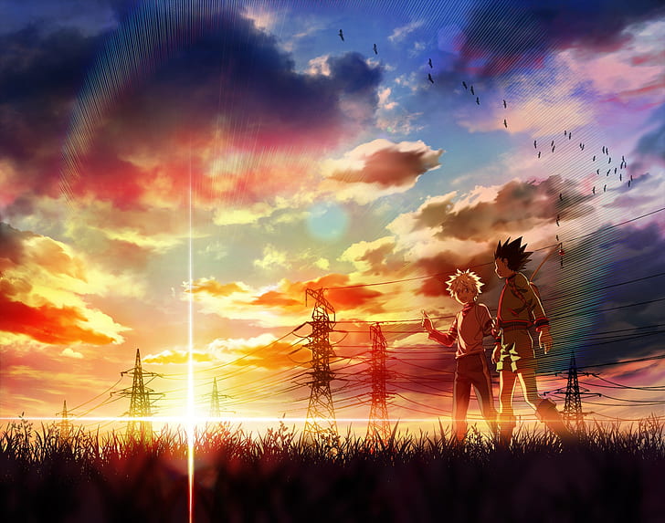 sunset, anime, art, friends, Hunter x Hunter, Gon, Killua, HD wallpaper