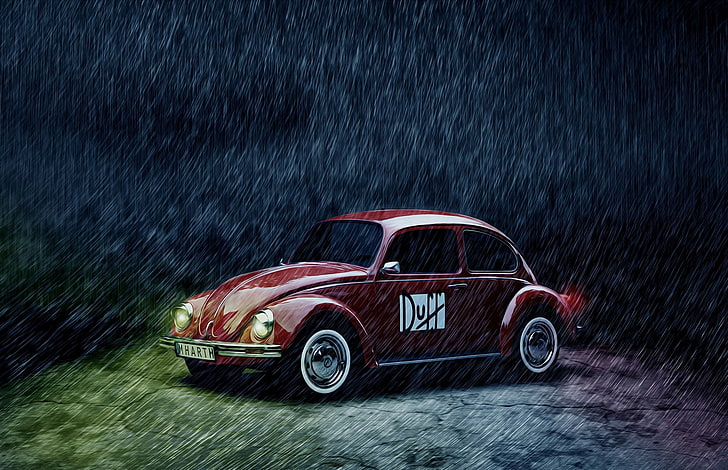 red and white die-cast car, Volkswagen, vehicle, rain, Volkswagen Beetle, HD wallpaper