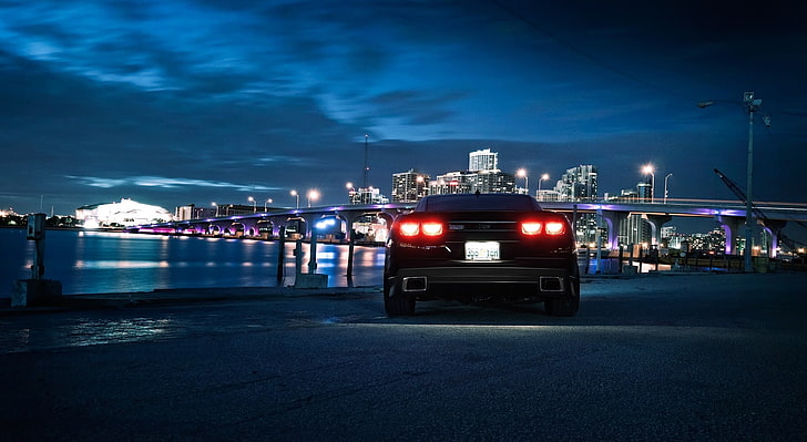 Chevrolet Camaro, City Night, black car, Cars, transportation, HD wallpaper