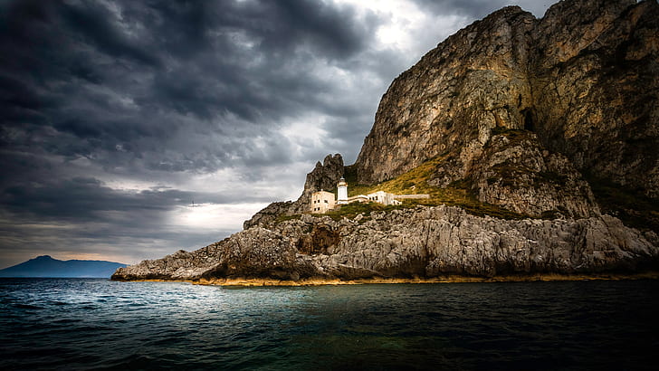 cliff, coast, nature, lighthouse, tower, rock, HD wallpaper