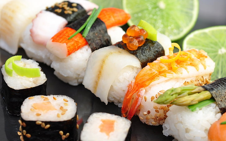 sushi rolls, cumin, lime, red caviar, crab stick, seafood, japan