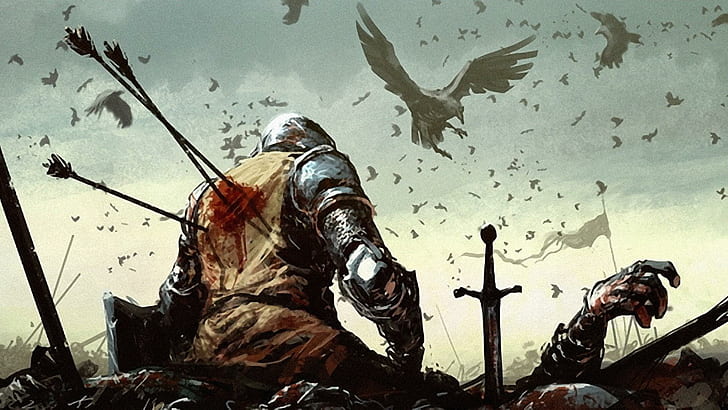 Dying Warrior, blood, swords, crow, raven, bleed, arrows, knight, HD wallpaper