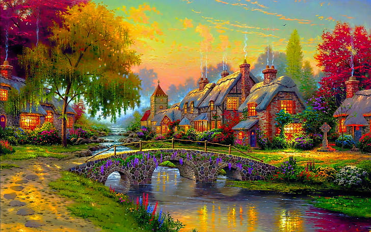 bridge, painting, house, colorful, HD wallpaper