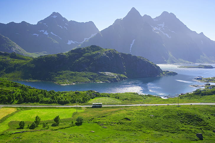 Norway, Lofoten, mountains, lake, green grass, shore, houses