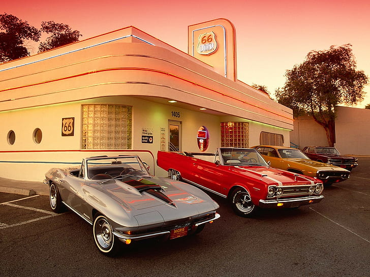 Diner Restaurant Classic Car Classic Chevrolet Corvette GTO Pontiac Plymouth HD, four assorted cars, HD wallpaper