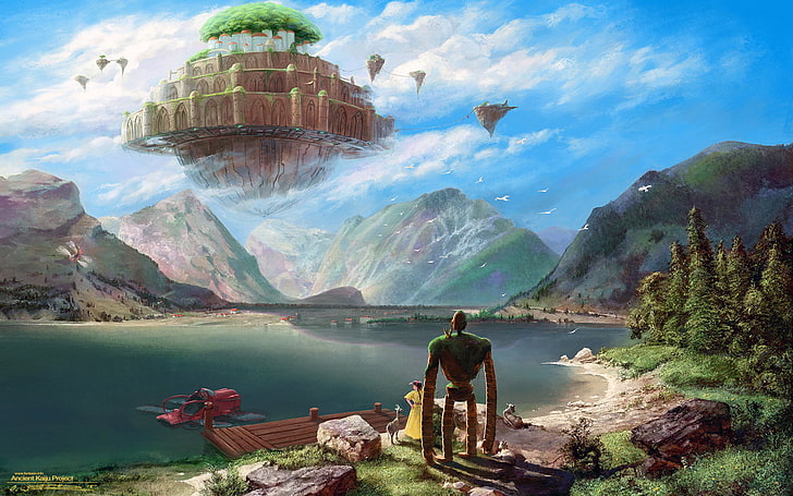 floating island illustration, artwork, digital art, Castle in the Sky, HD wallpaper