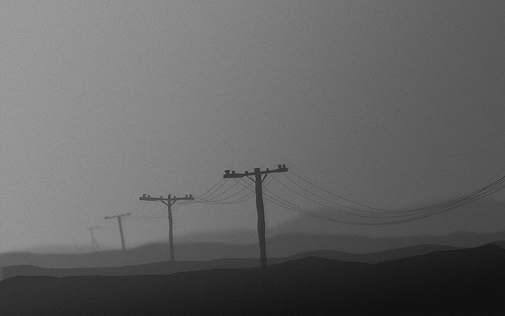 black electric posts, mist, minimalism, sky, electricity, cable, HD wallpaper