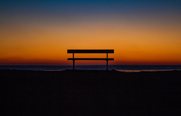 black torii gate, bench, sky, horizon, sunset, water, tranquility