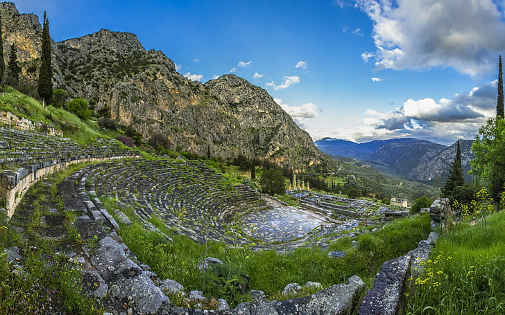 greece, delphi backgrounds, Mountain, grass, sky, HD wallpaper