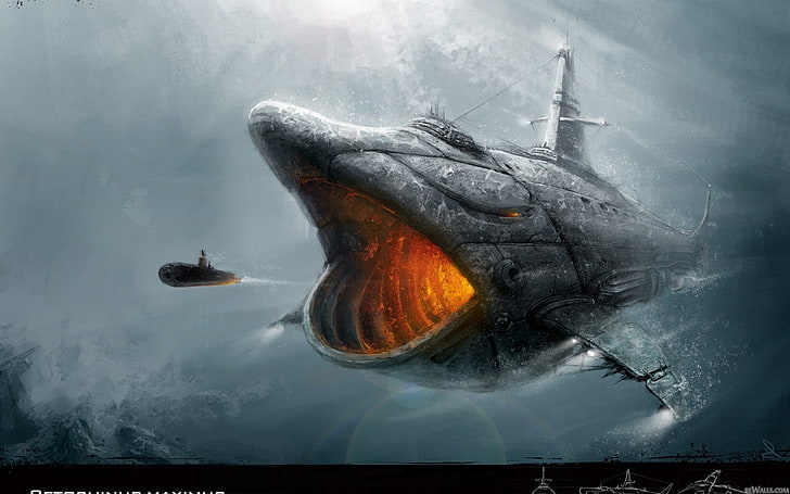ocean battle submarine underwater whale 1680x1050  Nature Oceans HD Art