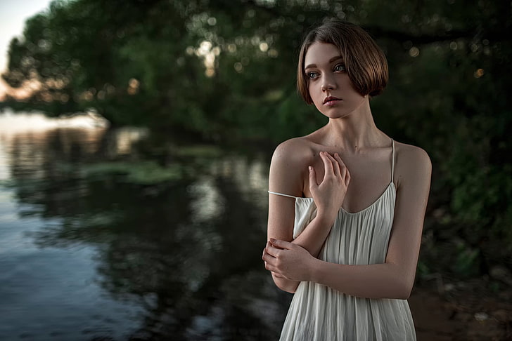 women's white cami dress, model, women outdoors, skinny, Georgy Chernyadyev