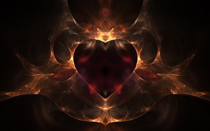 heart on fire illustration, digital art, red, close-up, black background