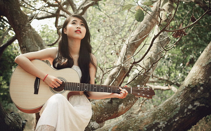 White dress girl, asian, guitar, HD wallpaper