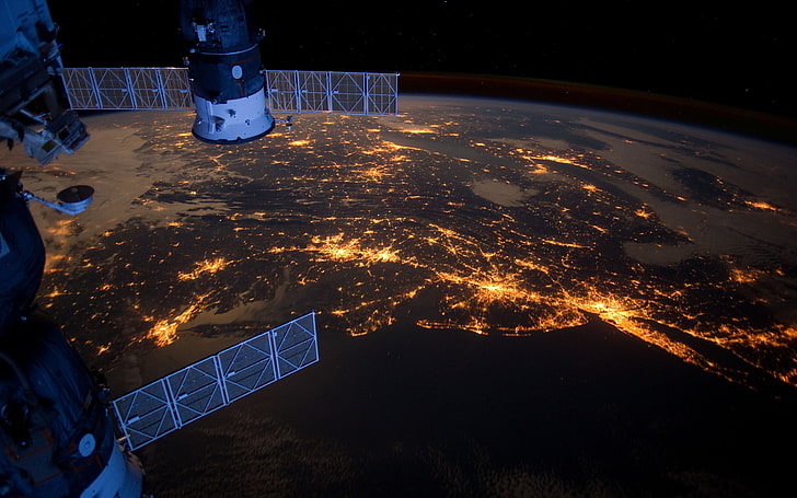 white and black space satellite, Earth, night, illuminated, nature, HD wallpaper