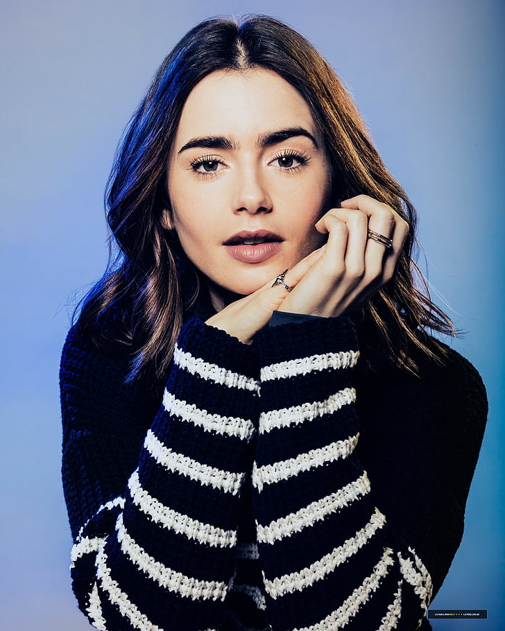 Lily Collins, women, celebrity, portrait, brunette, looking at viewer