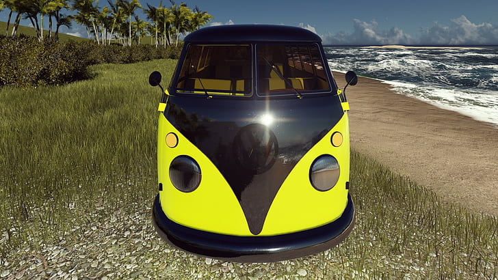 beach, car, render, volkswagen, VW Kombi, yellow