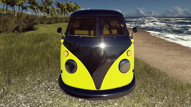 Volkswagen, beach, VW Kombi, yellow, car, render, land, nature, HD wallpaper