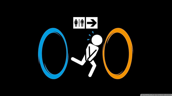 bathroom signage, Portal (game), humor, simple background, black background