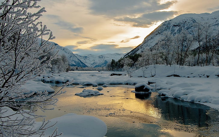 Winter, snow, mountains, trees, river, dusk, snow covered ground scenery