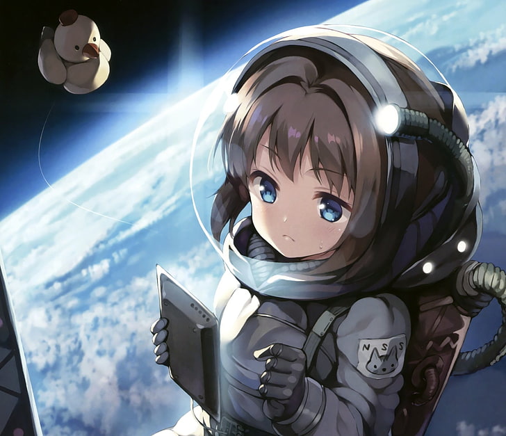 Anime, Original, Astronaut, Blue Eyes, Brown Hair, Earth, Short Hair, HD wallpaper