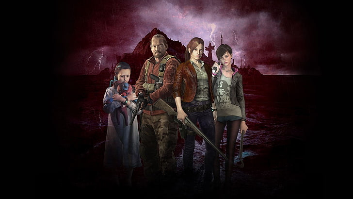 Resident Evil: Revelations 2 game cover, the sky, weapons, lightning