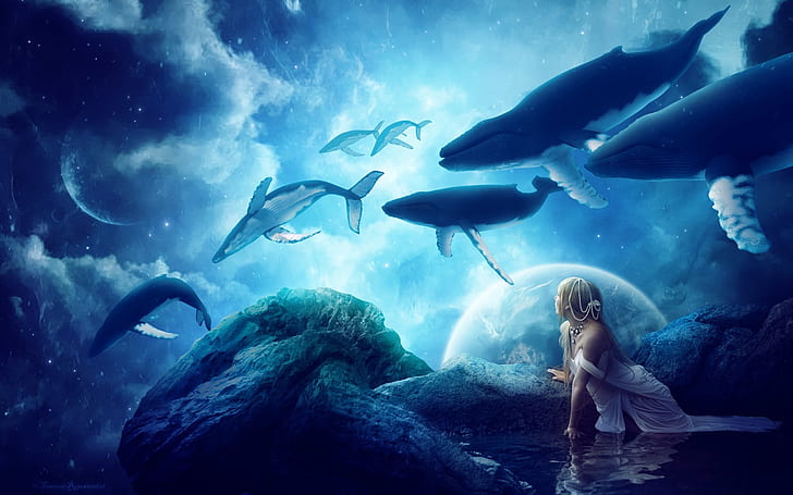 Creative pictures, whales, dream world, fantasy, girl, HD wallpaper