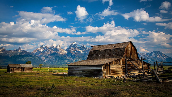 brown wooden house, landscape, barns, mountains, nature, cabin