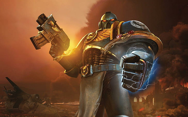 Warhammer 40,000 - Space Marine, video game character holding rifle