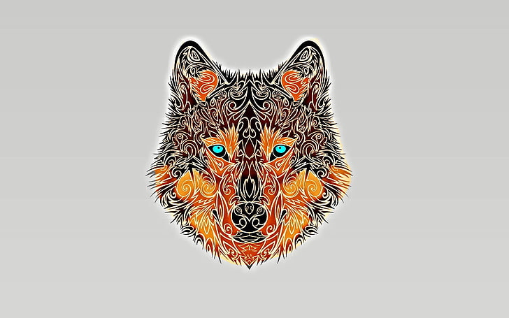 brown and black fox face illustration, wolf, minimalism, turquoise eyes, HD wallpaper