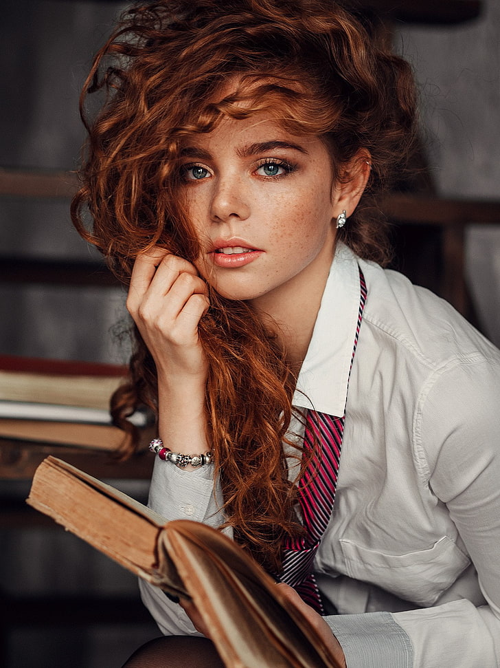 Evgeny Freyer, redhead, portrait, women, model, books, adult, HD wallpaper