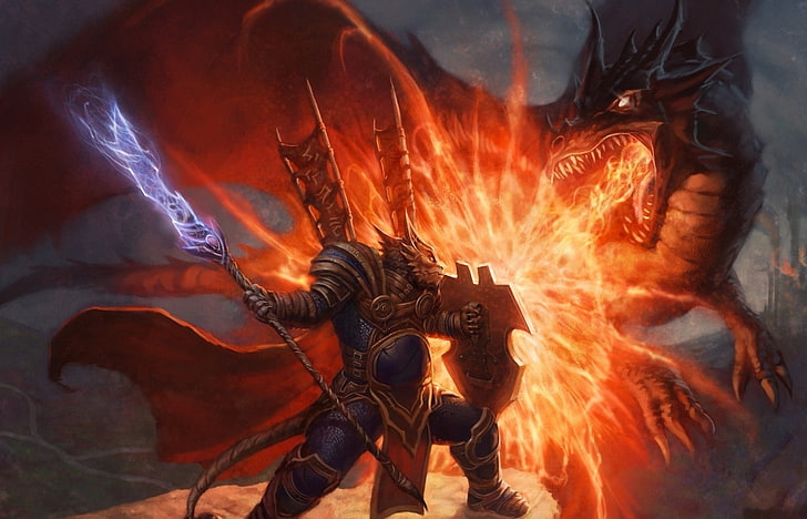 knight fighting dragon digital wallpaper, weapons, fire, monster, HD wallpaper