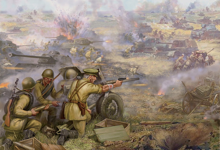 soldiers at war painting, field, USSR, tanks, Russian, the Germans
