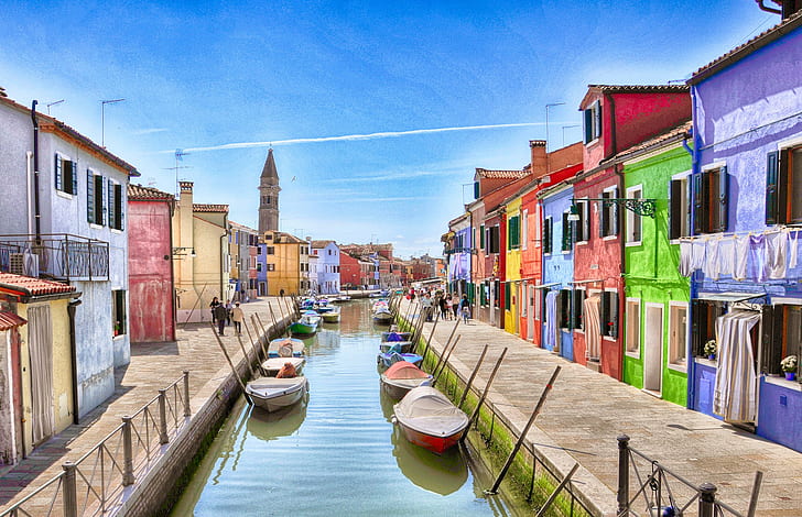 Venice, Burano Island, sky, boats, houses, canal, Italy Burano Island