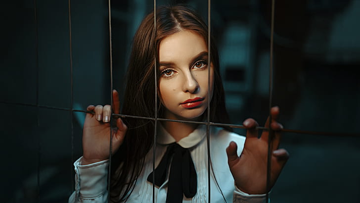 women, Damian Piórko, face, portrait, brown eyes, red lipstick, HD wallpaper