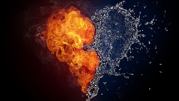 heart, flame, fire, water, drops, dark, contrast