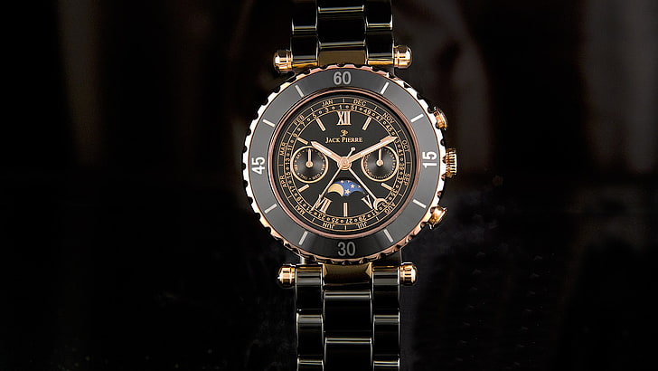 round gold-colored chronograph watch with link bracelet, Jack Pierre, HD wallpaper