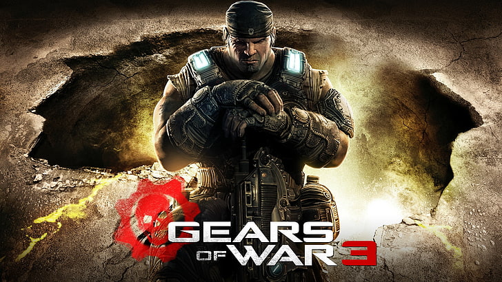 Gears of War 3 game illustration, soldier, gun, graphics, background