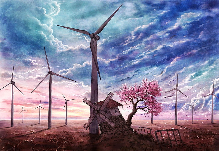 artwork, trees, landscape, sky, clouds, windmill, cloud - sky, HD wallpaper