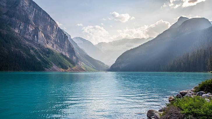 mountains, Lake Louise, sky, forest, water, Canada