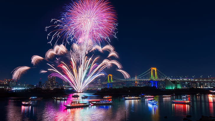 Tokyo, city, fireworks, beautiful night, bay, bridge, illumination, Japan