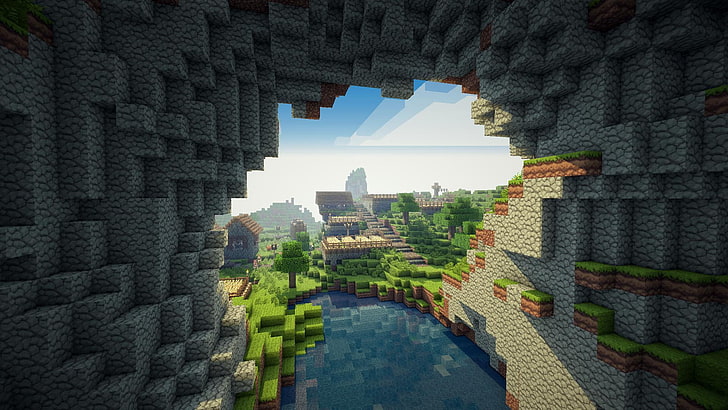 Minecraft game screenshot, clouds, trees, mountains, lake, plain