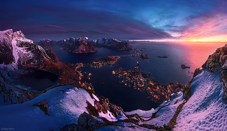 snow mountain, Norway, island, sea, winter, cityscape, mountains